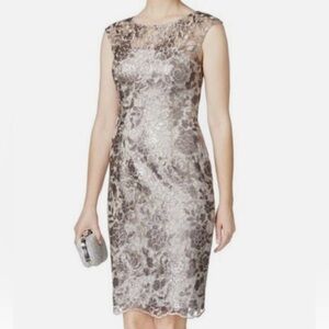 Adrianna Papell Silver Sheath Midi Dress Sweetheart Neckline